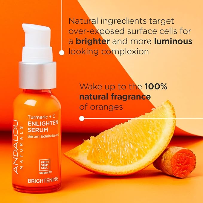 Andalou Naturals Turmeric + C Enlighten Serum, Skin Smoothing Serum with Vitamin C & Turmeric, Anti Aging Skin Care, Diminish Sun Damage and Refine Skin, 1.1 Fl Oz