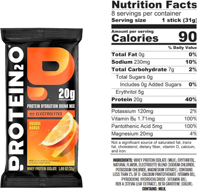 Protein2o 20g Whey Protein Isolate Clear Protein Powder, 370mg of Electrolytes, Vitamins B5 & B6, Sugar Free, Orange Mango, 8-Pack
