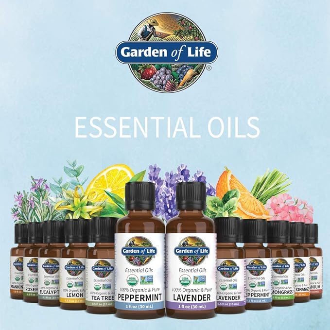 Garden of Life Essential Oils Starter Pack Lavender, Peppermint, Lemon, Tea Tree, 100% USDA Organic & Pure, Non-GMO, for Diffuser, Aromatherapy, 2 Fl Oz