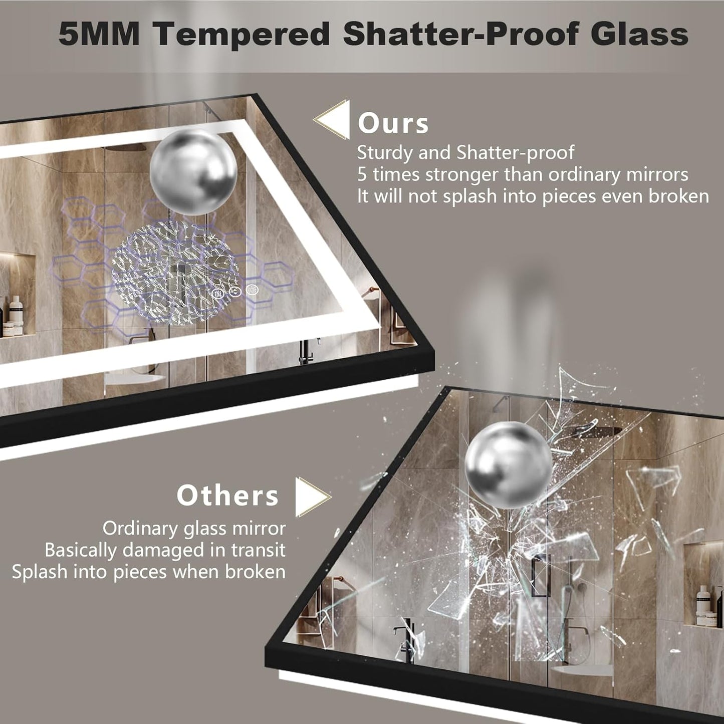 OKPAL 60x28 LED Bathroom Mirror, Black Framed Lighted Bathroom Mirror, Lighted Vanity Mirror with Lights, Dimmable, Anti-Fog, 3 Colors, Memory, Shatterproof, ETL Listed (Front and Backlit)