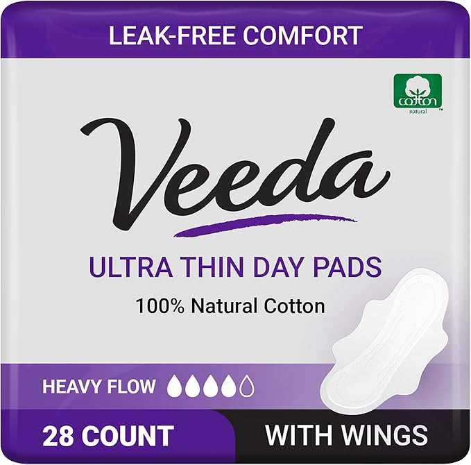 Veeda Natural Cotton Day Pads for Women - Heavy Flow Absorbent Ultra-Thin Feminine Pad with Wings - Hypoallergenic Period pads - Unscented & Chlorine free Sanitary Napkins - 28 Count