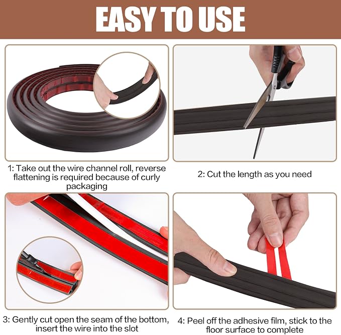 Floor Cord Cover Self Adhesive Cord Hider, 20FT Cable Management, Extension