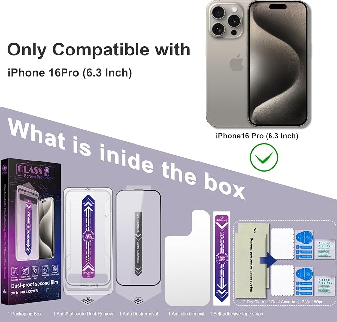 2 Pack Screen Protector for iPhone 16 Pro, 9H Tempered Glass, Full Coverage
