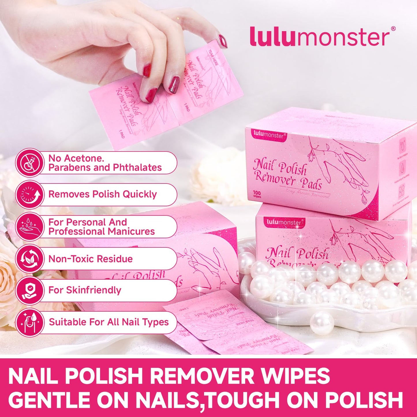 Nail Polish Remover Pads 100 Pack Gel Nail Polish Remover Wipes - Individually Wrapped - Quick Nail Polish Remover Wipes - Fingernail Travel Kit to Clear Nail Polish for Home & Professional Removal