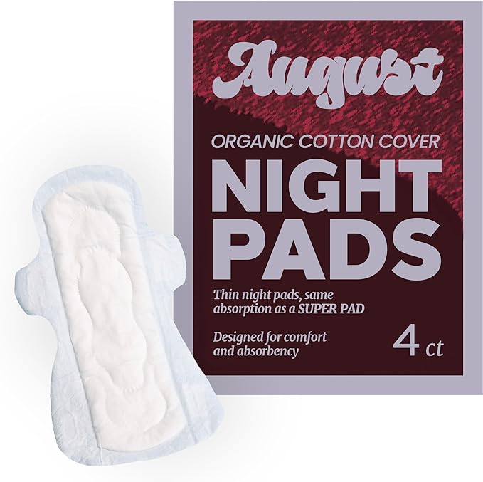 August Organic Cover Menstrual Pads for Women and Anyone Who Menstruates, Super Absorbency, 4 Organic Cotton Super Pads with Wings, Compostable Wrappers, Fragrance Free