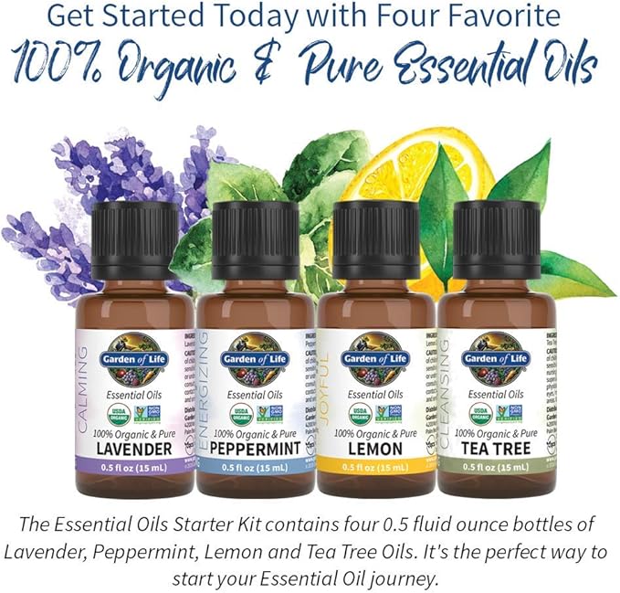 Garden of Life Essential Oils Starter Pack Lavender, Peppermint, Lemon, Tea Tree, 100% USDA Organic & Pure, Non-GMO, for Diffuser, Aromatherapy, 2 Fl Oz
