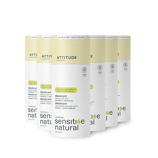 ATTITUDE Baking Soda Free Deodorant for Sensitive Skin with Oatmeal and Argan Oil, EWG Verified, Aluminum Free, Plastic-Free, 3 Ounces (Pack of 6)