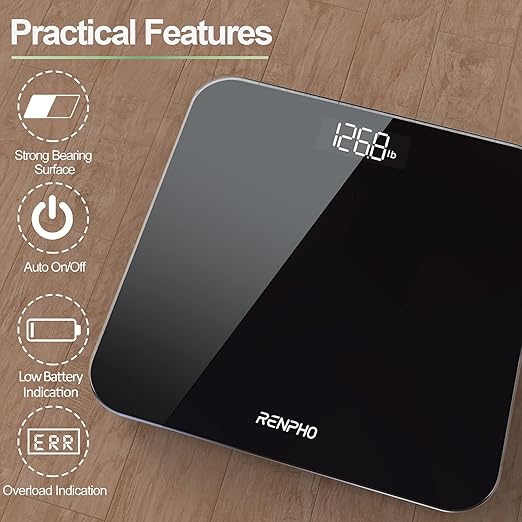 RENPHO Scale for Body Weight, Digital Bathroom Scale with Backlit LED Display, Highly Accurate & Measures Weight up to 400 lb/180kg, Batteries Included, Black-Core 1S