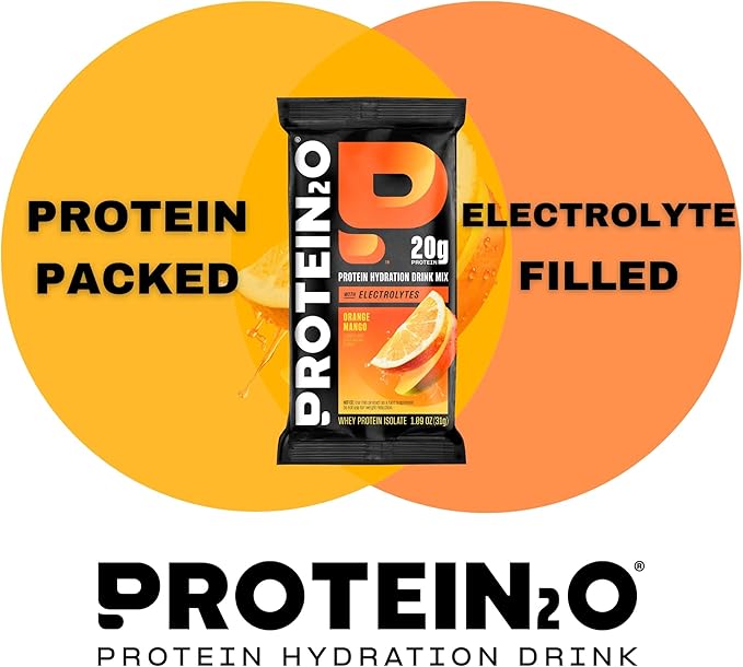 Protein2o 20g Whey Protein Isolate Clear Protein Powder, 370mg of Electrolytes, Vitamins B5 & B6, Sugar Free, Orange Mango, 8-Pack