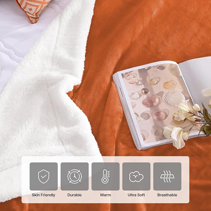 IR Imperial Rooms Sherpa Fleece Throw Blanket for Couch - Soft and Fuzzy Rust Blanket for Winter - Reversible Thick and Warm Fluffy Throw Blankets for Bed, Sofa, Camping and Travel, 50x60 Inches