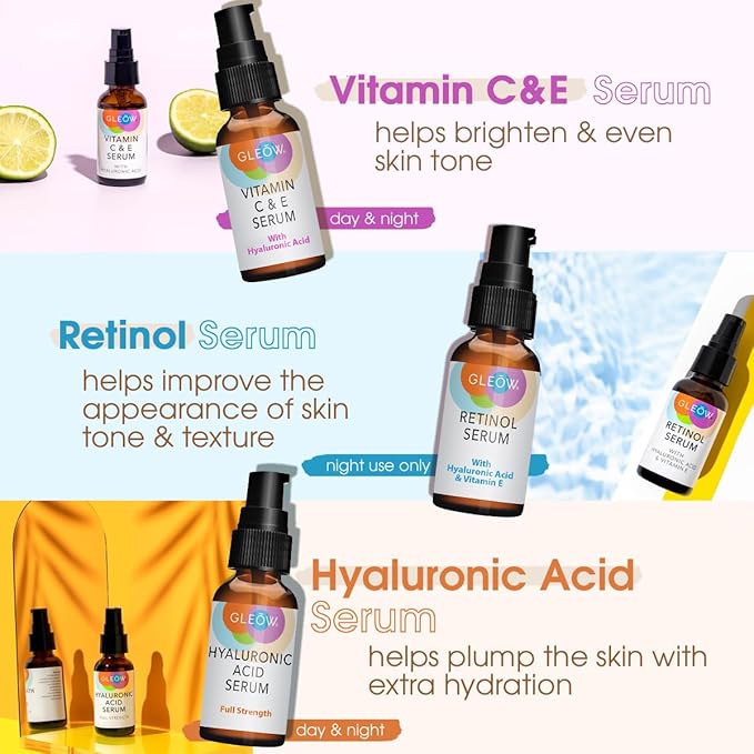 GLEOW Retinol Serum for Face, Vitamin C with Hyaluronic Acid Face Serum for Women and Men, Glow Skin Care Set Total Package Targets Appearance of Uneven Skin Tone and Dryness 3x1oz