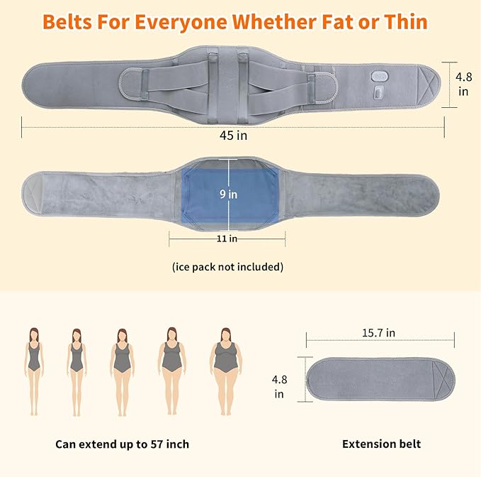 CUEHEAT Heated Waist Belt - Cordless Heating Pad for Lower Back Pain Relief, Electrical Heating and Massage, Rechargeable Battery Powered (Gray, Waistline 29-57 inch)
