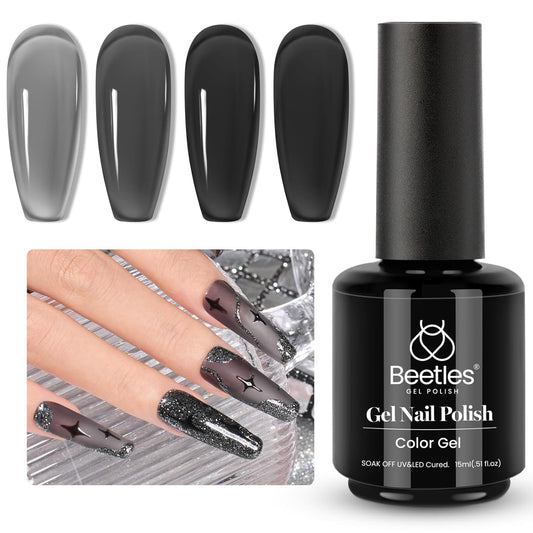 Beetles Jelly Nude Black Gel Nail Polish 15ML 1 Pcs Sheer Neutral Translucent Black Gel Polish Soak Off U V LED Nail Lamp Glassy Jelly Nails DIY Home Gift for Women