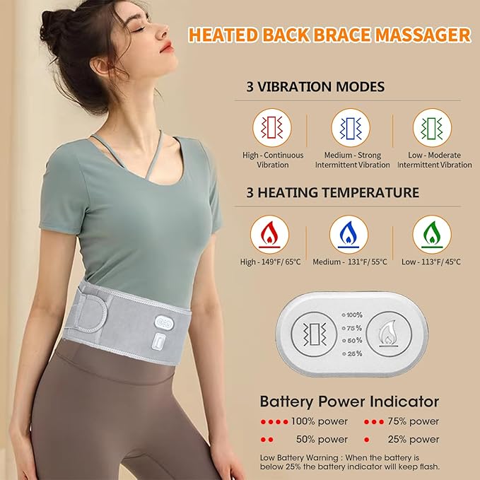 CUEHEAT Heated Waist Belt - Cordless Heating Pad for Lower Back Pain Relief, Electrical Heating and Massage, Rechargeable Battery Powered (Gray, Waistline 29-57 inch)