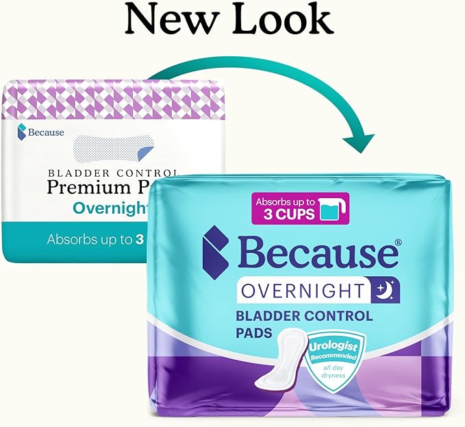 Because Incontinence Pads for Women - Extra Heavy Absorbency, Overnight Postpartum Incontinence Liners, 12hr Nighttime Leak-Free Protection, 20 Count