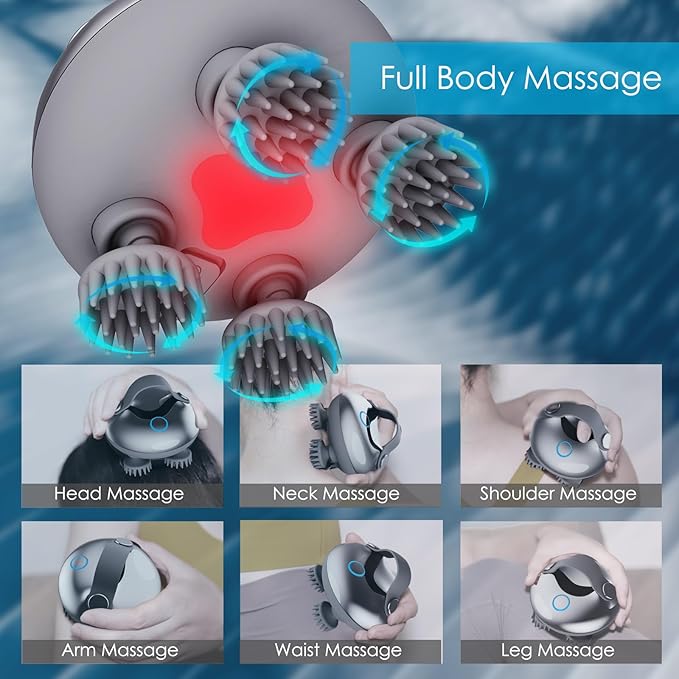 Electric Scalp Massager Hair Growth, IPX7 Waterproof Rechargeable Head Massager Scalp Stress Relax, Portable Handheld Hair Scalp Massager with 8 Removable Massage Claws(Silver)