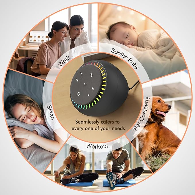 DreamSky White Noise Sound Machine with 26 Soothing Sounds & 30 Level Volume, RGB Night Light, Brown Noise for Sleeping Adults, Baby, Kids Sleep, Auto-Off Timer, USB-C Powered for Home Office Travel