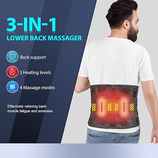 HONGJING Heated Back Massager Brace for Lower Back Pain Relief, Cordless Back Vibration Massage Belt with 3 Heating Modes and 4 Massage Modes for Sciatica and Scoliosis-M