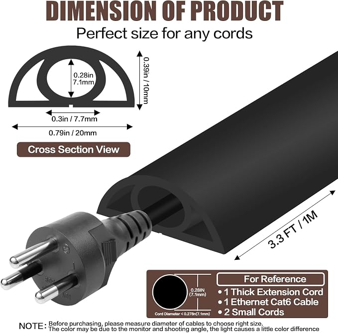 Floor Cord Cover Self Adhesive Cord Hider, 3.3FT Cable Management, Extension