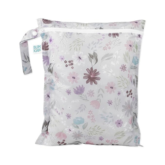 Bumkins Waterproof Wet Bag for Baby, Travel, Swim Suit, Cloth Diapers, Pump Parts, Pool, Beach, Gym Clothes, Toiletry, Hook to Stroller, Daycare, Zipper Reusable Wetdry Packing Pouch, Florals Gray
