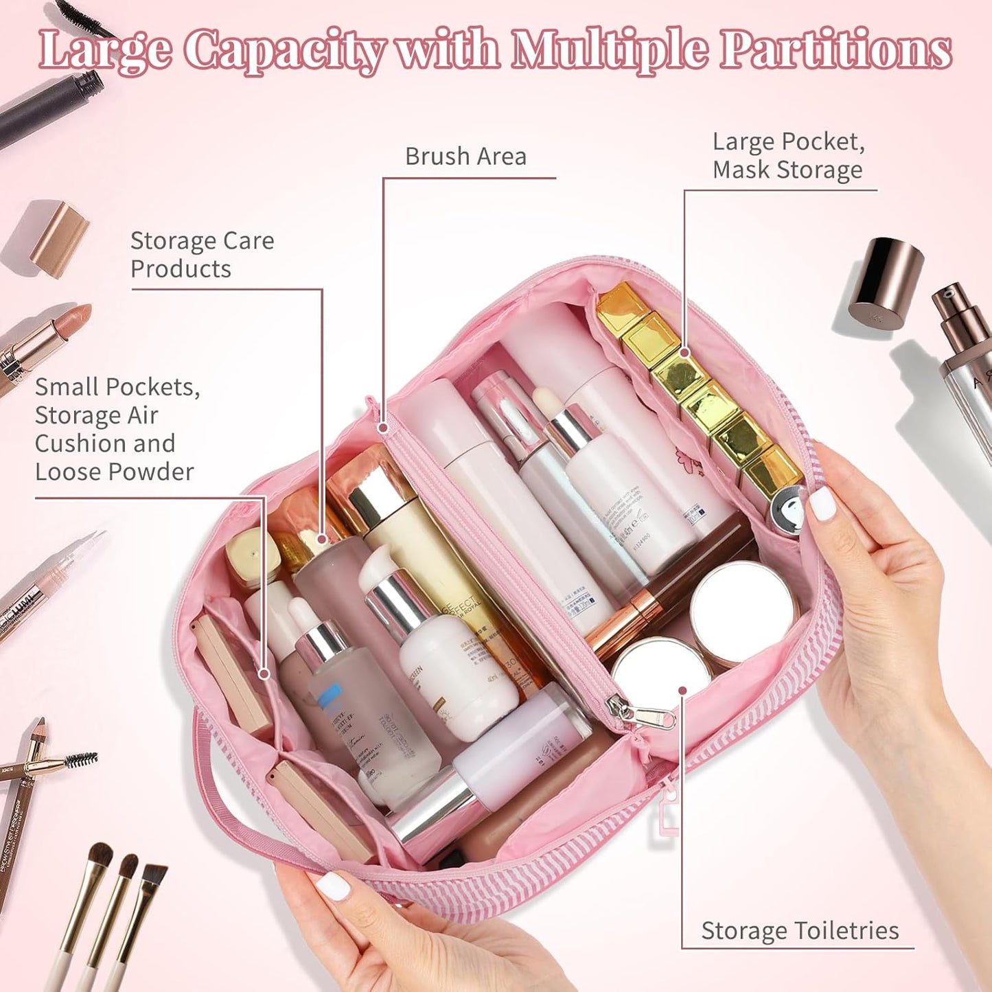 Travel Makeup Bag for Women, 2Pcs Portable Personalized Initial Makeup Organizer Bag, Open Flat Large Cosmetic Bag With Travel Essential Pouch (Pink Letter A)