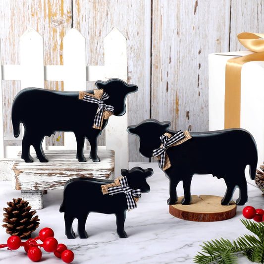 Bucherry 3 Pcs Wooden Cow Table Decor for Farmhouse Christmas Village Houses, Cow Decorations for Tiered Tray Home Kitchen, Christmas Decorations Indoor Shelf Desk Ornaments(Popular Style)