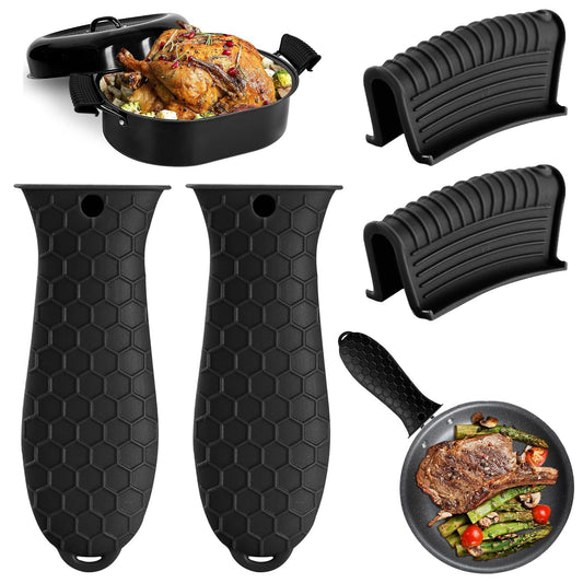 4 Pack Silicone Hot Handle Holder Cover Cast Iron Handle Cover Silicone Pot Holders Heat Resistant Assist Pan Handle Sleeve Non-Slip Pot Handle Covers for Cast Iron Skillet Metal Pan(Black)