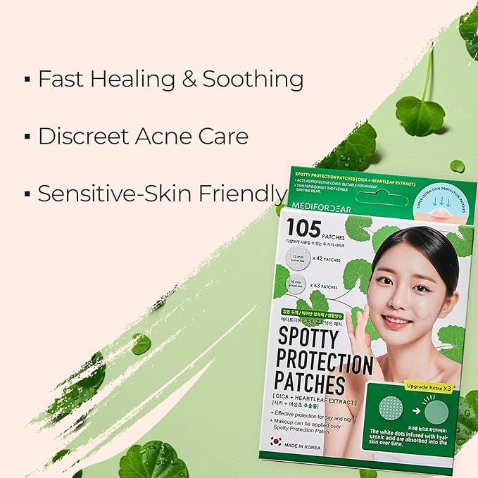 Medifordear Spotty Calming Patches with Cica and Heartleaf Extract Acne Patch Treatment for Breakouts, Absorbs Zits & Blemish, Korean Skin Care, 2 Sizes 12mm x 42 Patches, 10 mm x 63 Patches
