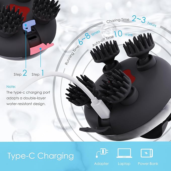 Electric Scalp Massager Hair Growth, IPX7 Waterproof Cordless Hair Scalp Massager Stress Relax, Portable Handheld Head Scratcher for Full Body Massage, Ideal Gifts(Black)