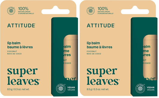 ATTITUDE Plastic-free Lip Balm, EWG Verified Plant- and Mineral-Based Ingredients, Vegan and Cruelty-free Personal Care Products, Coconut, 0.3 Oz (Pack of 2)