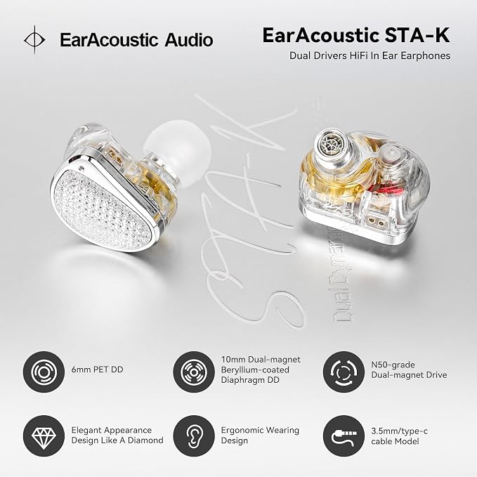 STA-K In Ear Monitor, EarAcoustic Audio HiFi Stereo Wired Earbuds, Hybrid Dual