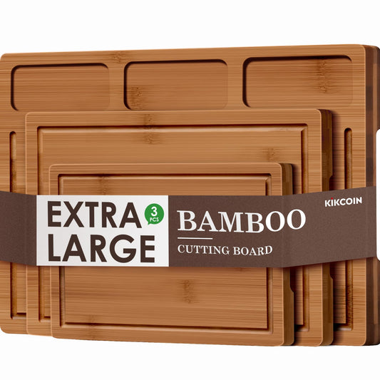 Bamboo Cutting Boards for Kitchen, (Set of 3) Kitchen Chopping Board with 3 Built-In Compartments and Juice Groove Heavy Duty Serving Tray Wood Butcher Block and Wooden Carving Board, Kikcoin