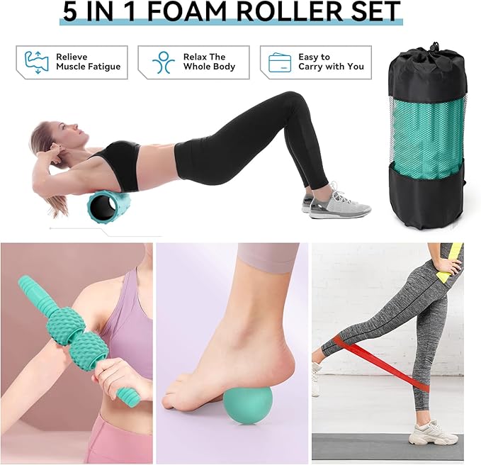 5 in 1 Foam Roller Set, Trigger Point Massage, Muscle Roller Stick, Massage Ball, Resistance Band for Deep Tissue Fitness Exercise Yoga Pilates (Tiffany Green)