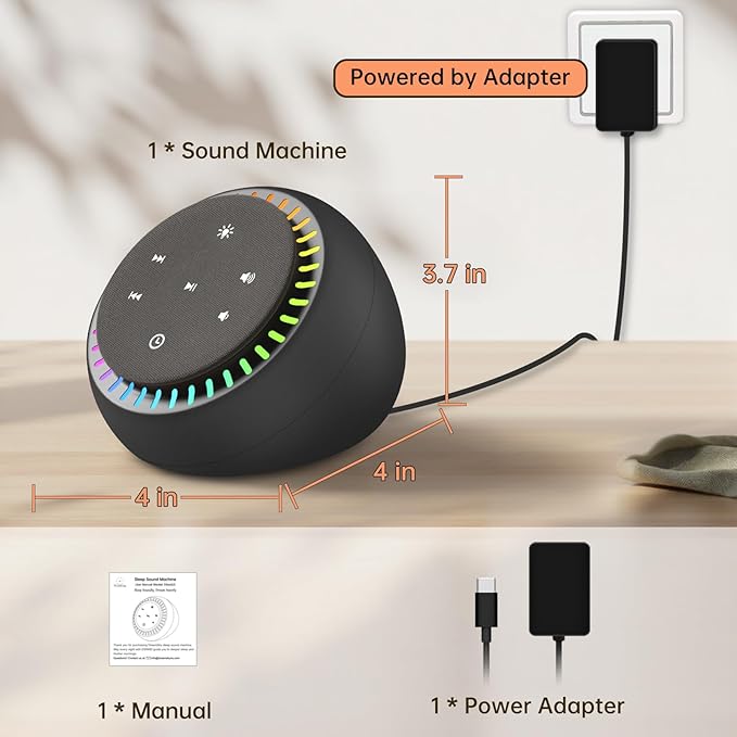 DreamSky White Noise Sound Machine with 26 Soothing Sounds & 30 Level Volume, RGB Night Light, Brown Noise for Sleeping Adults, Baby, Kids Sleep, Auto-Off Timer, USB-C Powered for Home Office Travel