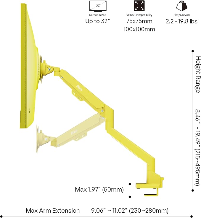 Pixio PS1S Wave Yellow Single Monitor Arm Stand Desk Mount