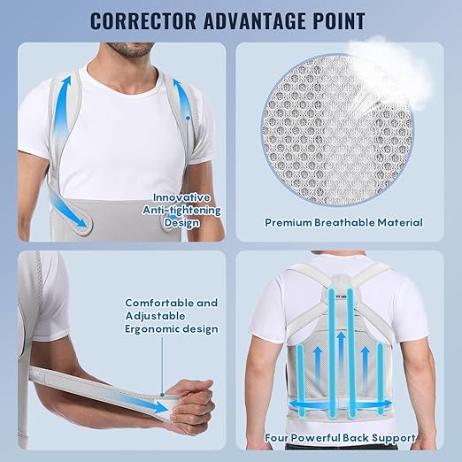 Fit Geno Back Brace Posture Corrector for Men & Women: Shoulder Straightener Adjustable Full Back Support Pain Relief - Scoliosis Hunchback Spine Corrector (Small), Gray