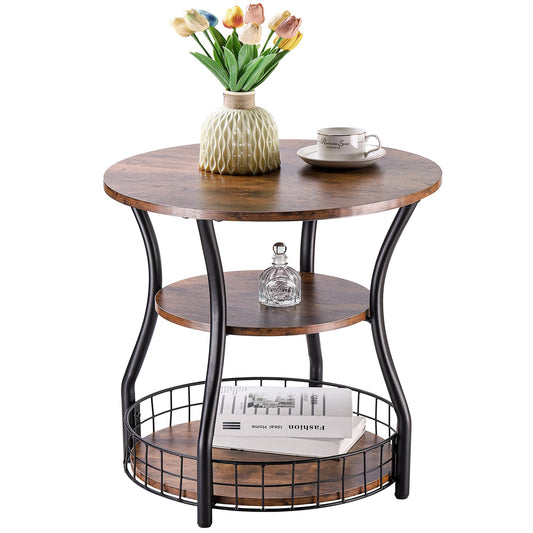 Anlanbor Side Table, 3 Tier Small Round End Table with Storage Shelves for Living Room, Bedroom, Accent Coffee Sofa Couch Table for Small Spaces,Round Nightstand with Metal Frame, Rustic Brown