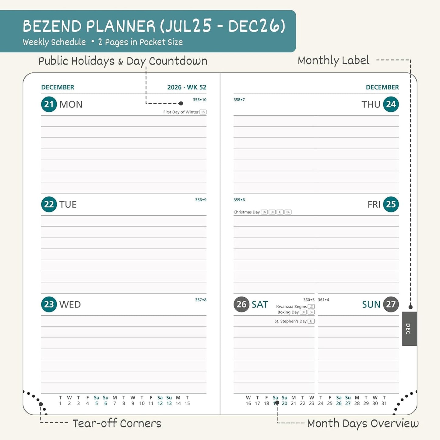 BEZEND Pocket Planner 2025-2026 Weekly and Monthly, 3.5" x 6" Academic Planner (Jul 25-Dec 26) 18-Month Mid-Year Calendar Book, Storage Pocket, Pen Holder, PU Leather Hardcover - Orange