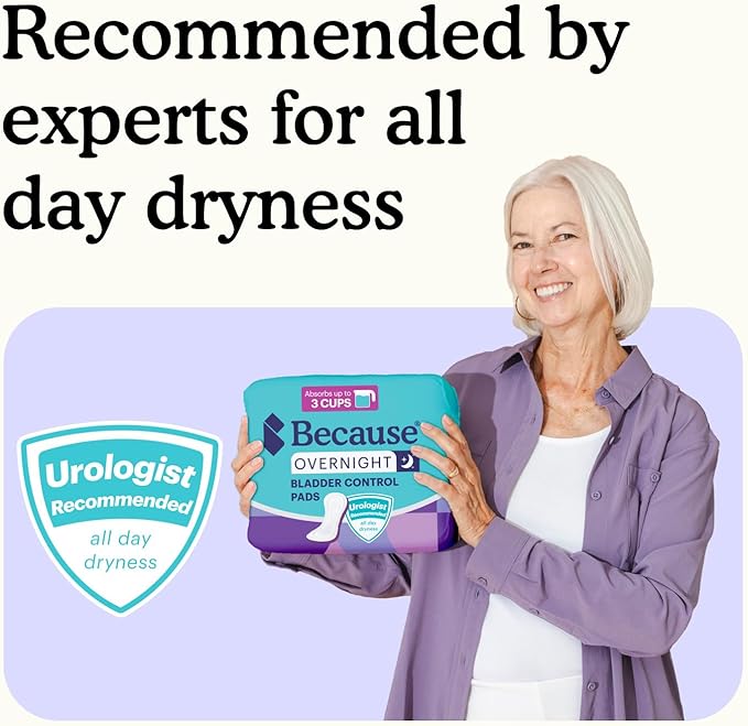 Because Incontinence Pads for Women - Extra Heavy Absorbency, Overnight Postpartum Incontinence Liners, 12hr Nighttime Leak-Free Protection, 20 Count