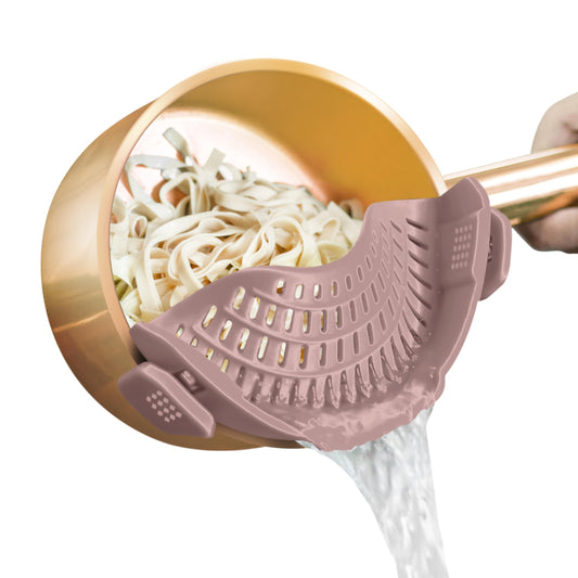 AUOON Clip on Strainer for Pots and Pans - Silicone Food Strainer for Draining Pasta, Spaghetti, Noodles, Fruits, Vegetables, Grease, Ground Beef (Almond Rose)