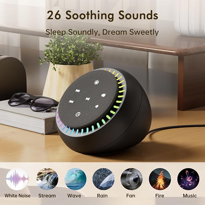 DreamSky White Noise Sound Machine with 26 Soothing Sounds & 30 Level Volume, RGB Night Light, Brown Noise for Sleeping Adults, Baby, Kids Sleep, Auto-Off Timer, USB-C Powered for Home Office Travel