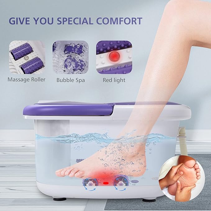 COMFIER Foot Spa Bath Massager with Heat, Pedicure Foot Spa with Bubbles, Red Light, Pumice Stone and Shiatsu Massage Rollers, Heated Bath Spa for Relaxation and Stress Relief (Purple)