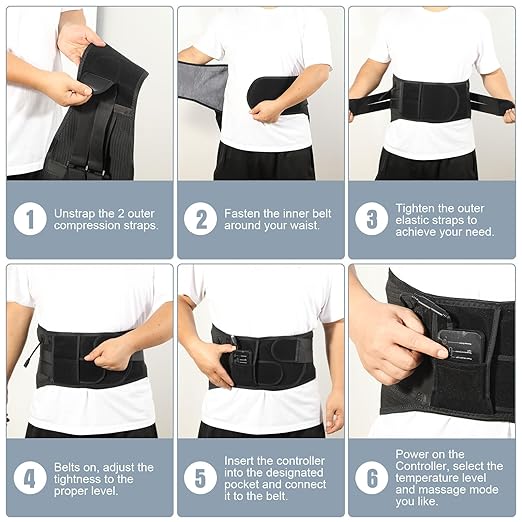 Heated Back Brace with Massage, Rechargeable Heating Pad for Back Pain Relief, Adjustable Back Support Belt with Heat Therapy and Vibration Massager for Men and Women, XL