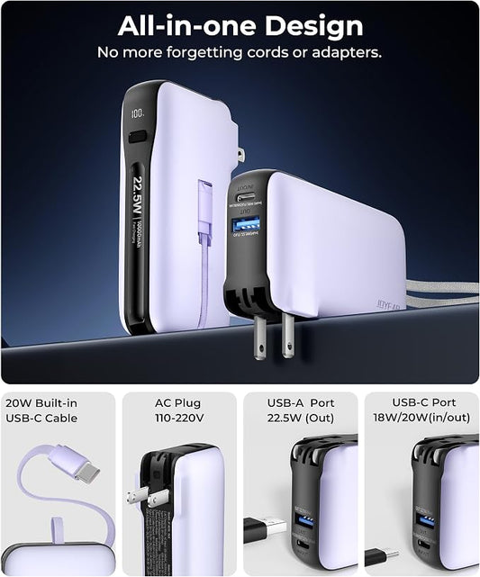 Portable Charger with Built-in USB-C Cable & Plug, 000mAh 5V/4.5A Power Bank