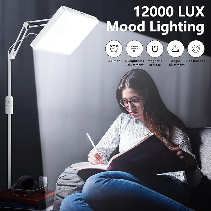 SUXIO Light Therapy Lamps - 12000 LUX Therapy Light, Happy Lamp with Remote, Lights Box Therapy with 3 Timer & 4 Brightness, LED UV-Free Daylights Lamp Perfect for Home, Office
