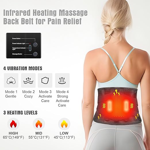 Heated Back Brace with Massage, Rechargeable Heating Pad for Back Pain Relief, Adjustable Back Support Belt with Heat Therapy and Vibration Massager for Men and Women, XL