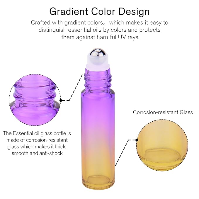 PrettyCare 24 Pack, 10 ml Essential Oil Roller Bottles with Stainless Steel Roller Ball - Refillable Leak-proof Empty Thick Rainbow Glass Roll on Bottles with Metal Caps for Travel, Perfume