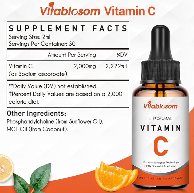 Liposomal Vitamin C 2000mg Liquid for Adults, High Absorption VIT C, Maximize Vitamin C, Good for Immune System & Antioxidant, 60ML (10 Bottles)