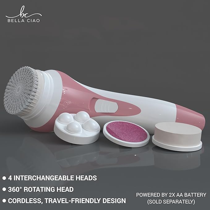 Bella Ciao 5-Piece Sonic Facial Cleansing Brush Set, Pink | Battery Operated Face Scrubber Exfoliator, Makeup Remover Skin Care Tools w/ 4 Attachments| Face Cleansing Brush, Skin Exfoliator for Body