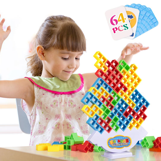 64Pcs Tetra Tower Game, Family Board for 2 Players Family Games, Building Blocks Stacking Balance Games Toys for Kids, Adults, Friends, Classroom, Family and Travel Party